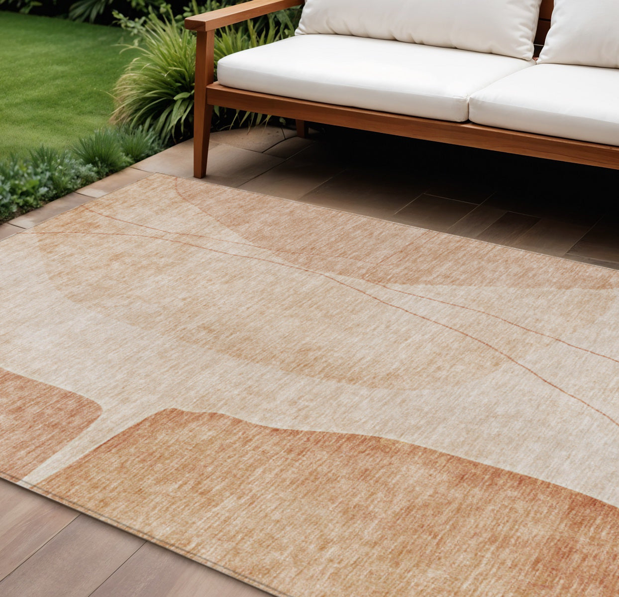 9' X 12' Terra Cotta Orange And Copper Abstract Washable Indoor Outdoor Area Rug