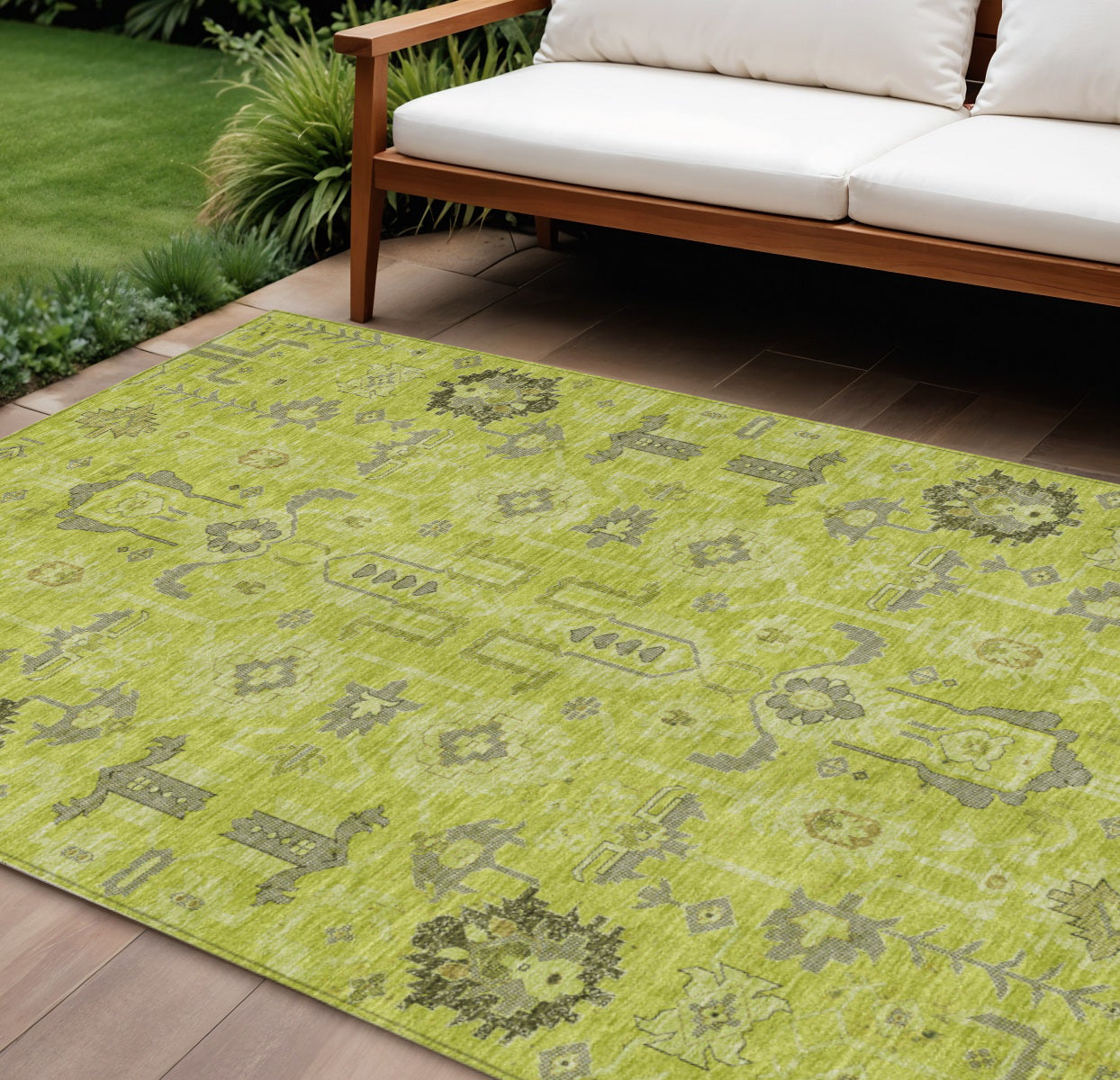 8' X 10' Artichoke Green And Fern Green Oriental Washable Indoor Outdoor Area Rug