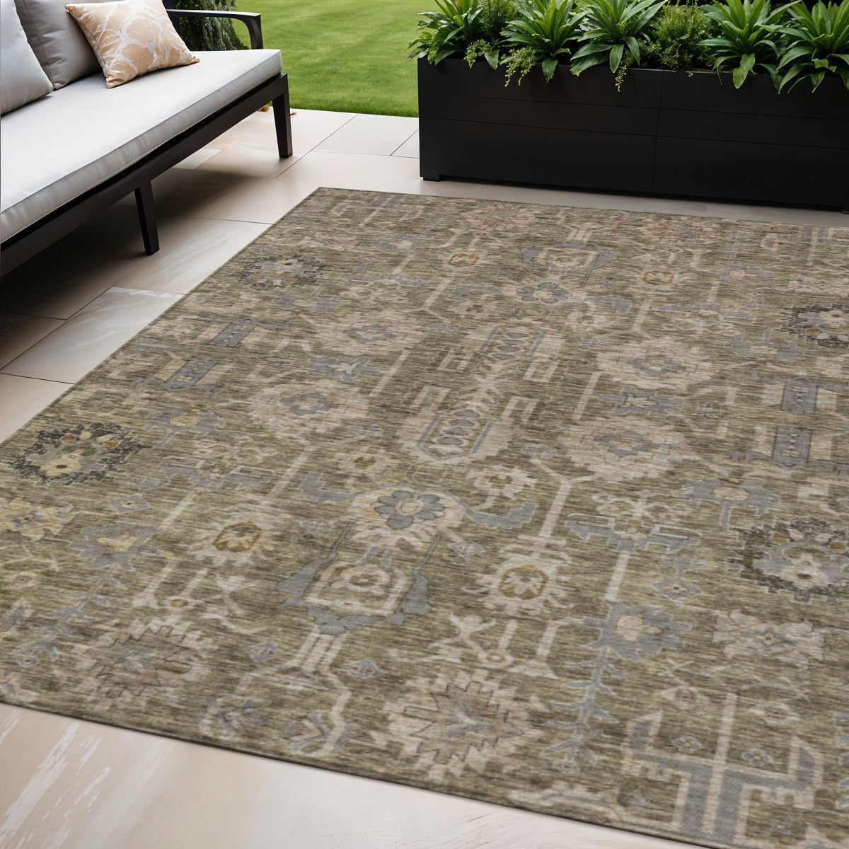 5' X 8' Brown Gray And Charcoal Oriental Washable Indoor Outdoor Area Rug