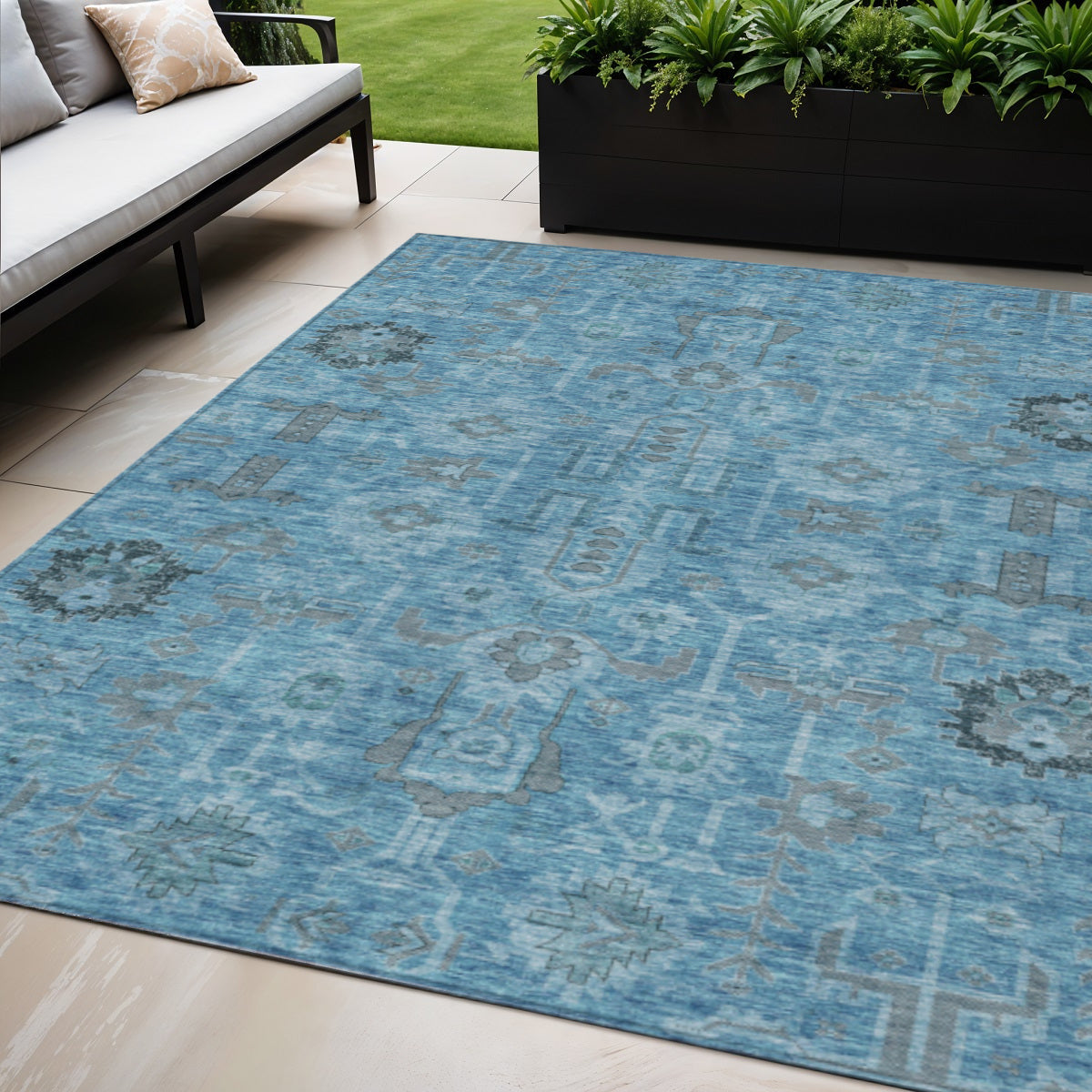 5' X 8' Sky Blue And Gray Oriental Washable Indoor Outdoor Area Rug