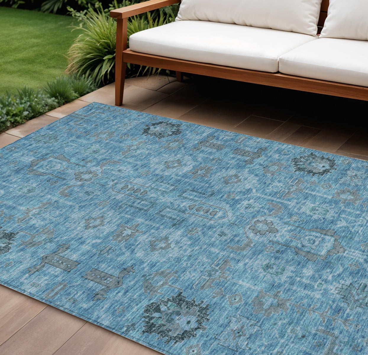 9' X 12' Sky Blue And Gray Oriental Washable Indoor Outdoor Area Rug