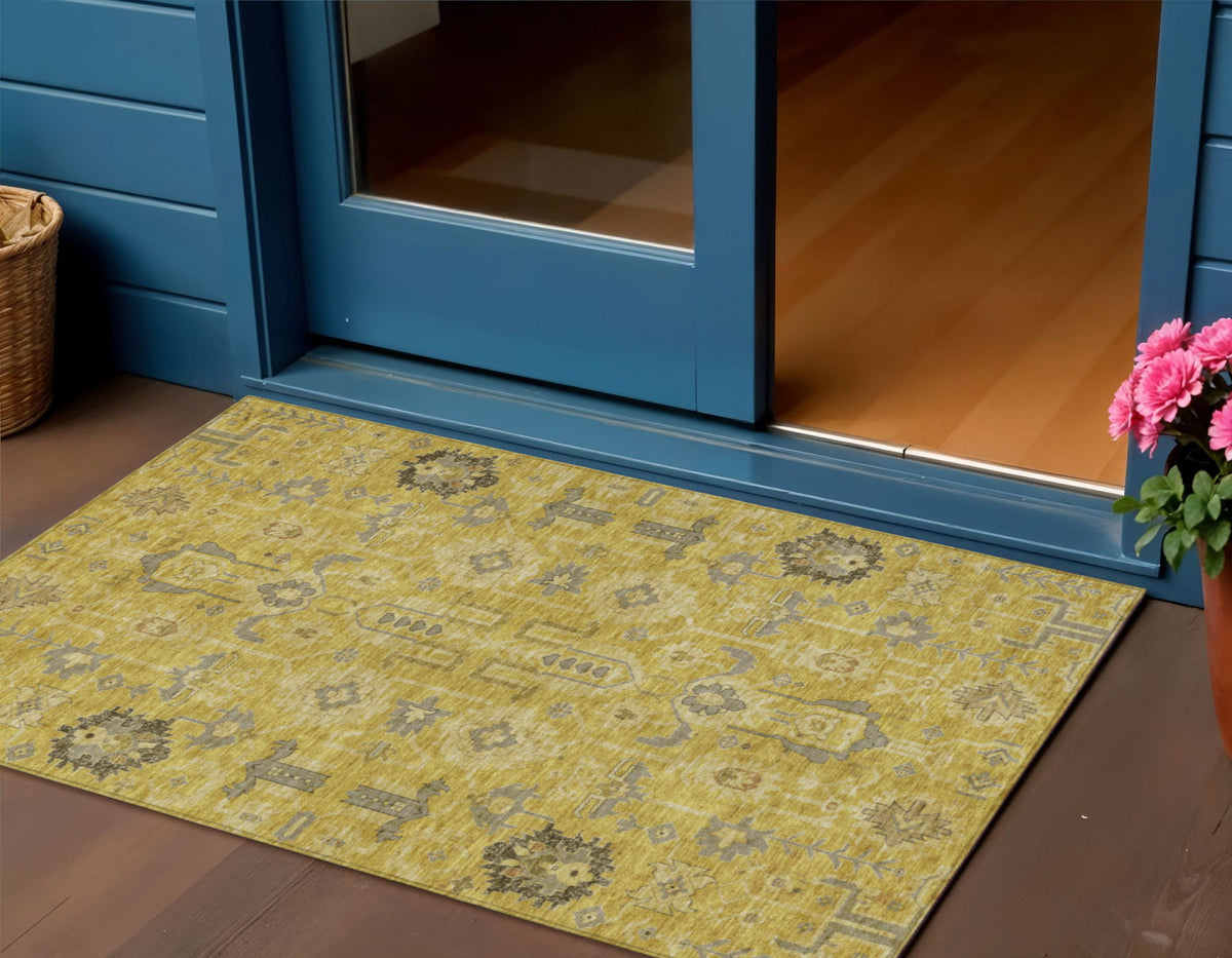 3' X 5' Gold Wheat And Gray Oriental Washable Indoor Outdoor Area Rug