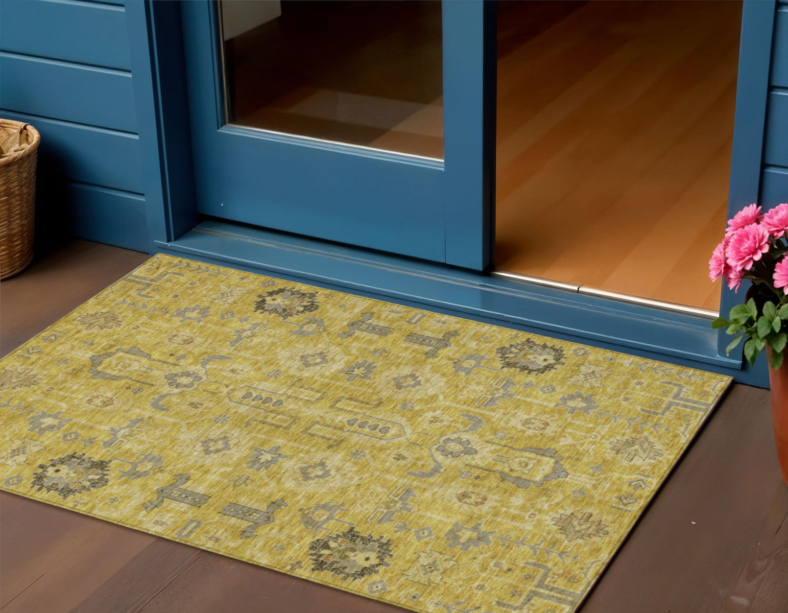 3' X 5' Gold Wheat And Gray Oriental Washable Indoor Outdoor Area Rug