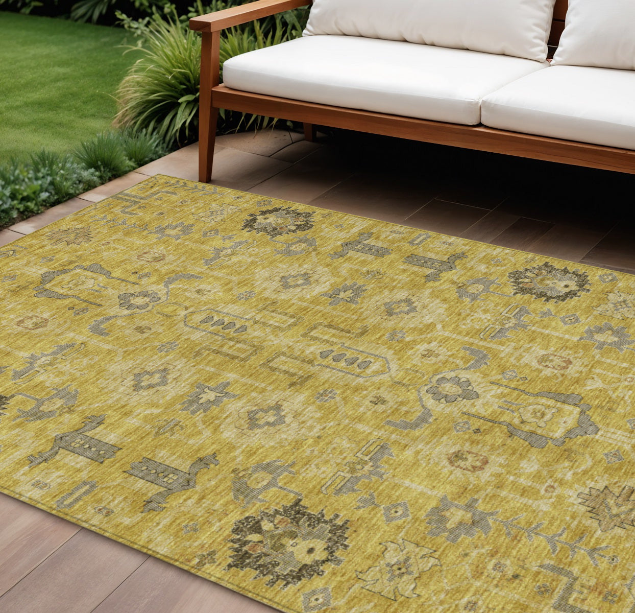 9' X 12' Gold Wheat And Gray Oriental Washable Indoor Outdoor Area Rug