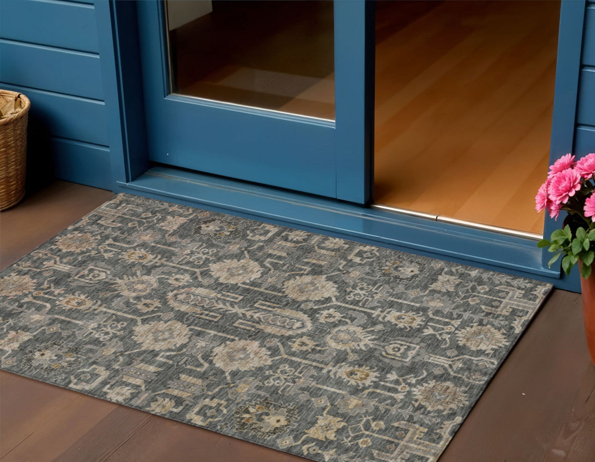 3' X 5' Gray Silver And Beige Oriental Washable Indoor Outdoor Area Rug