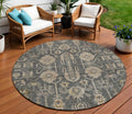 8' Gray Silver And Beige Round Oriental Washable Indoor Outdoor Area Rug