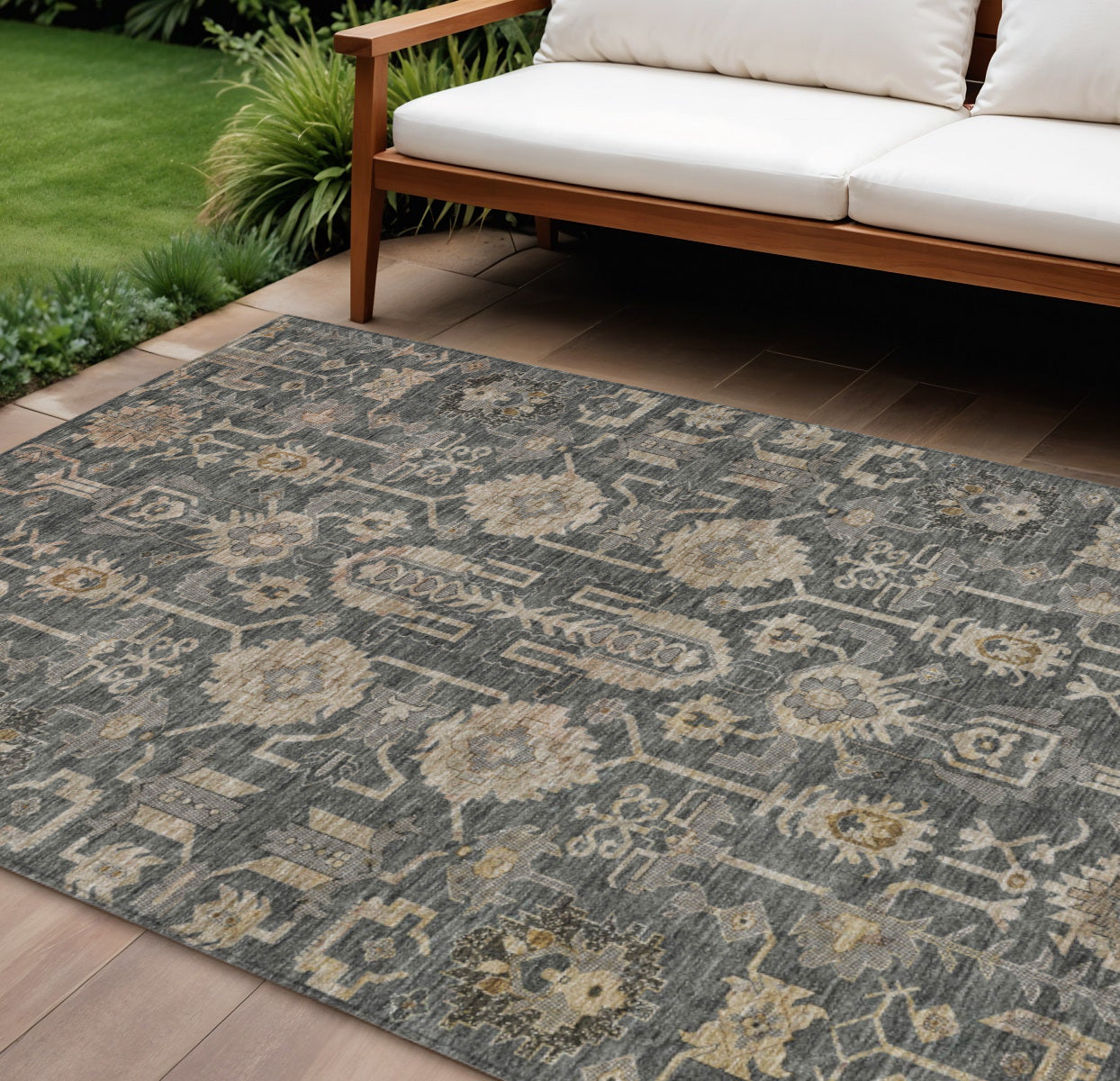 9' X 12' Gray Silver And Beige Oriental Washable Indoor Outdoor Area Rug