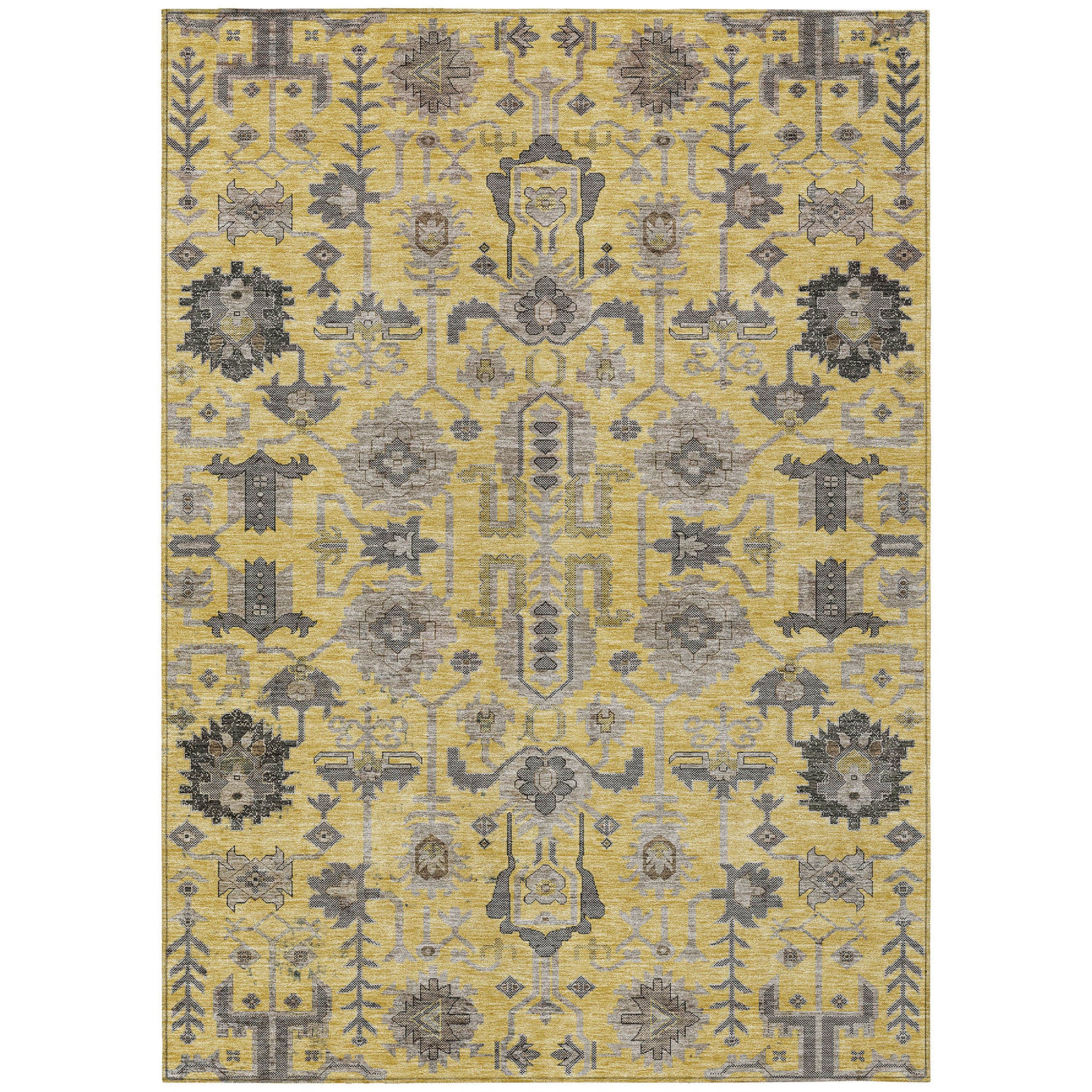 5' X 8' Yellow Gray And Charcoal Oriental Washable Indoor Outdoor Area Rug