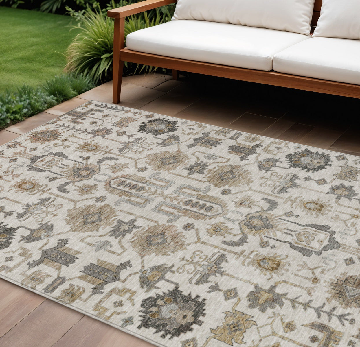 9' X 12' Ivory Beige And Taupe Oriental Washable Indoor Outdoor Area Rug