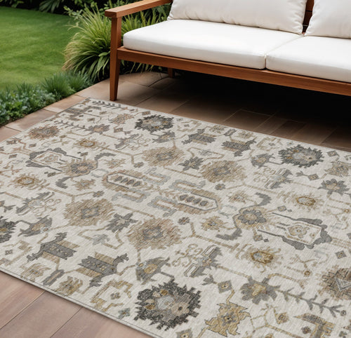 10' X 14' Ivory Beige And Taupe Oriental Washable Indoor Outdoor Area Rug