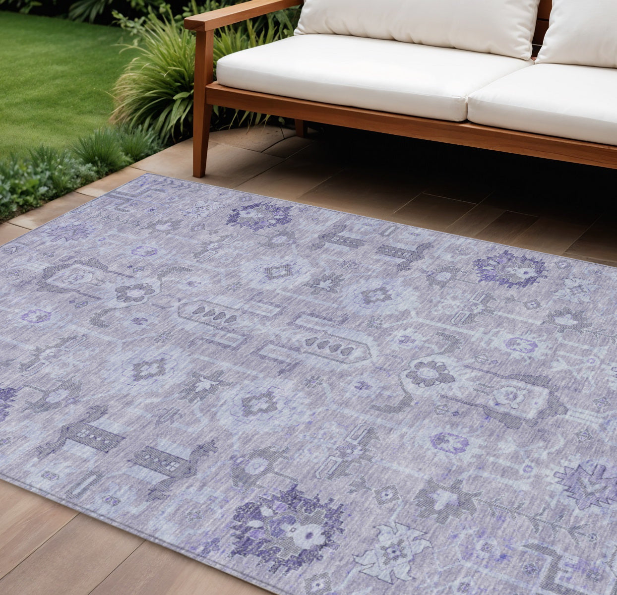 9' X 12' Lavender Purple And Gray Oriental Washable Indoor Outdoor Area Rug
