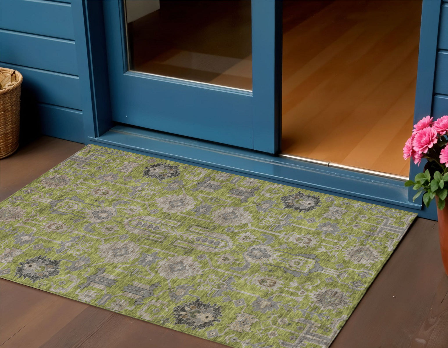 3' X 5' Olive Green Gray And Charcoal Oriental Washable Indoor Outdoor Area Rug