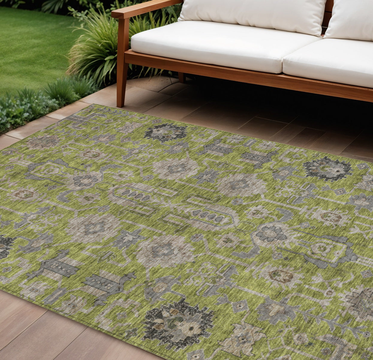 9' X 12' Olive Green Gray And Charcoal Oriental Washable Indoor Outdoor Area Rug