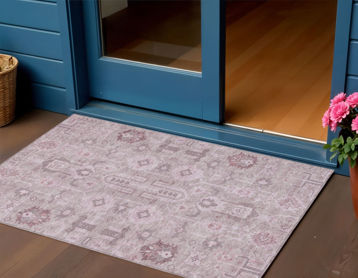 3' X 5' Pink Mauve And Blush Oriental Washable Indoor Outdoor Area Rug