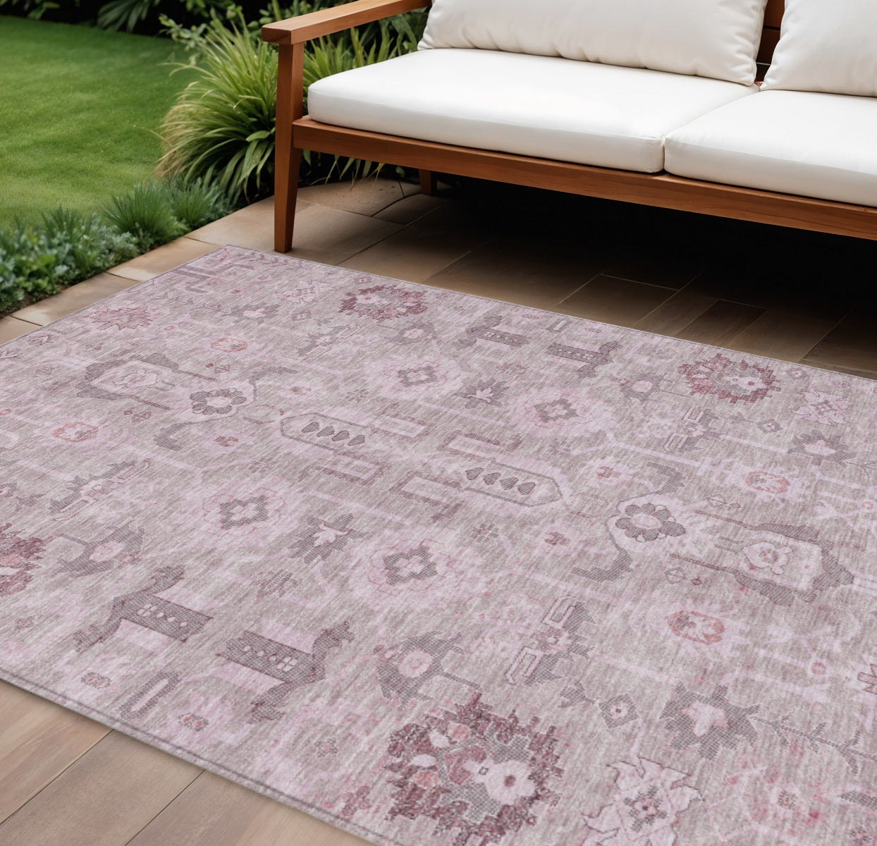 9' X 12' Pink Mauve And Blush Oriental Washable Indoor Outdoor Area Rug