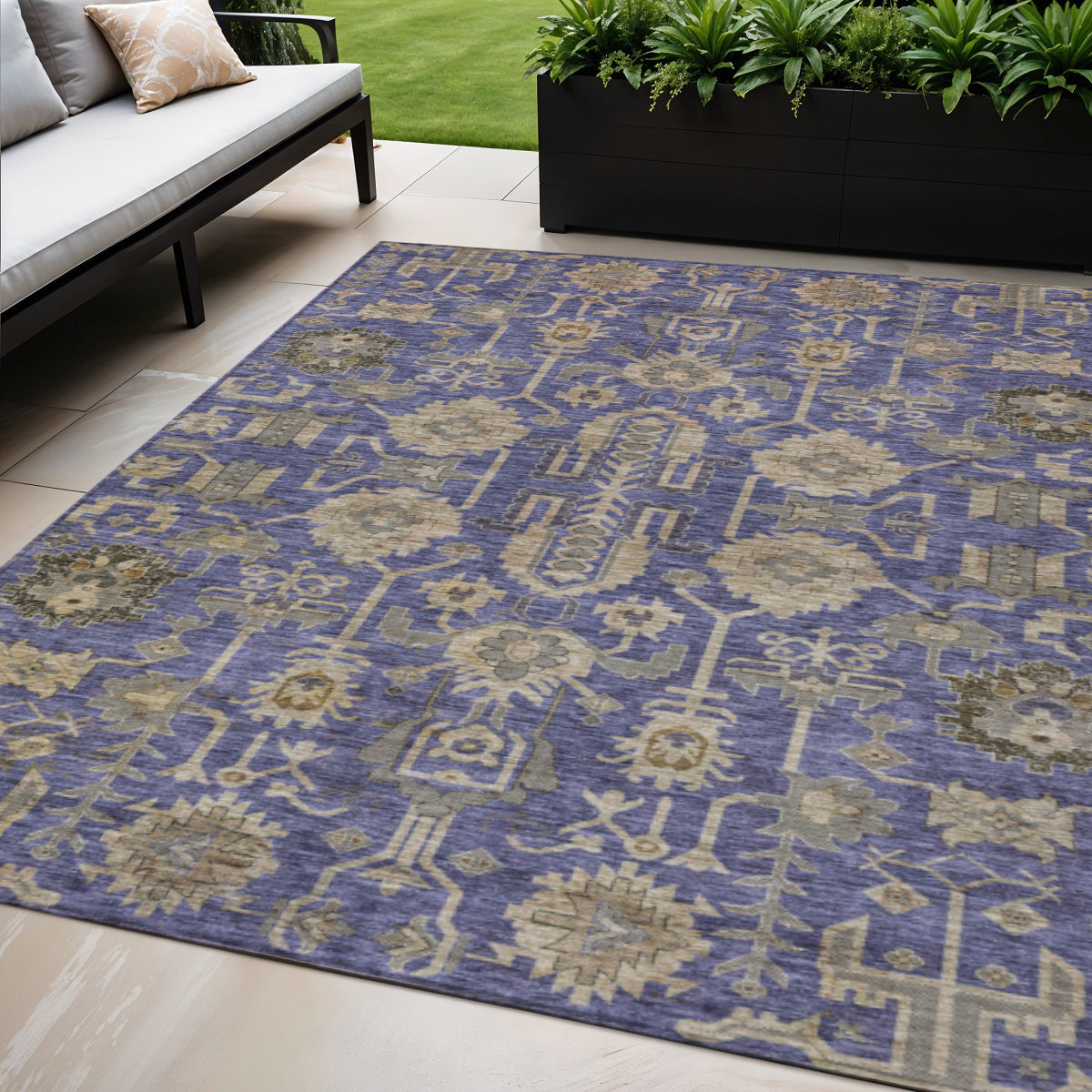 5' X 8' Purple Beige And Taupe Oriental Washable Indoor Outdoor Area Rug