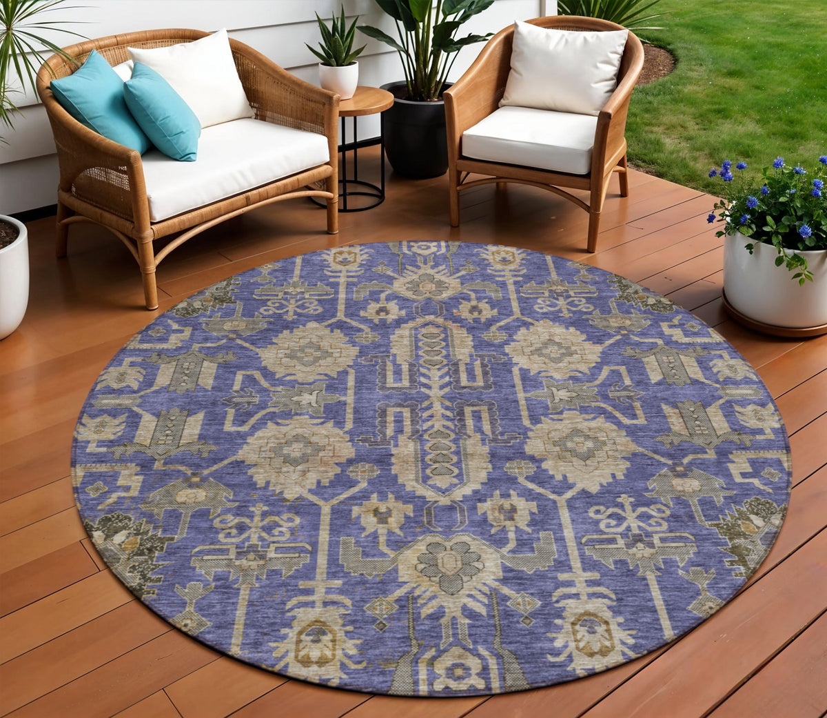 8' Purple Beige And Taupe Round Oriental Washable Indoor Outdoor Area Rug