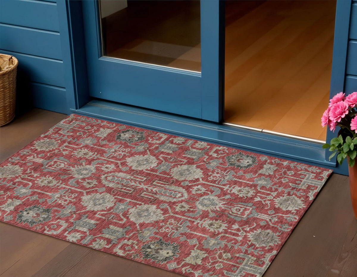 3' X 5' Red Beige And Charcoal Oriental Washable Indoor Outdoor Area Rug