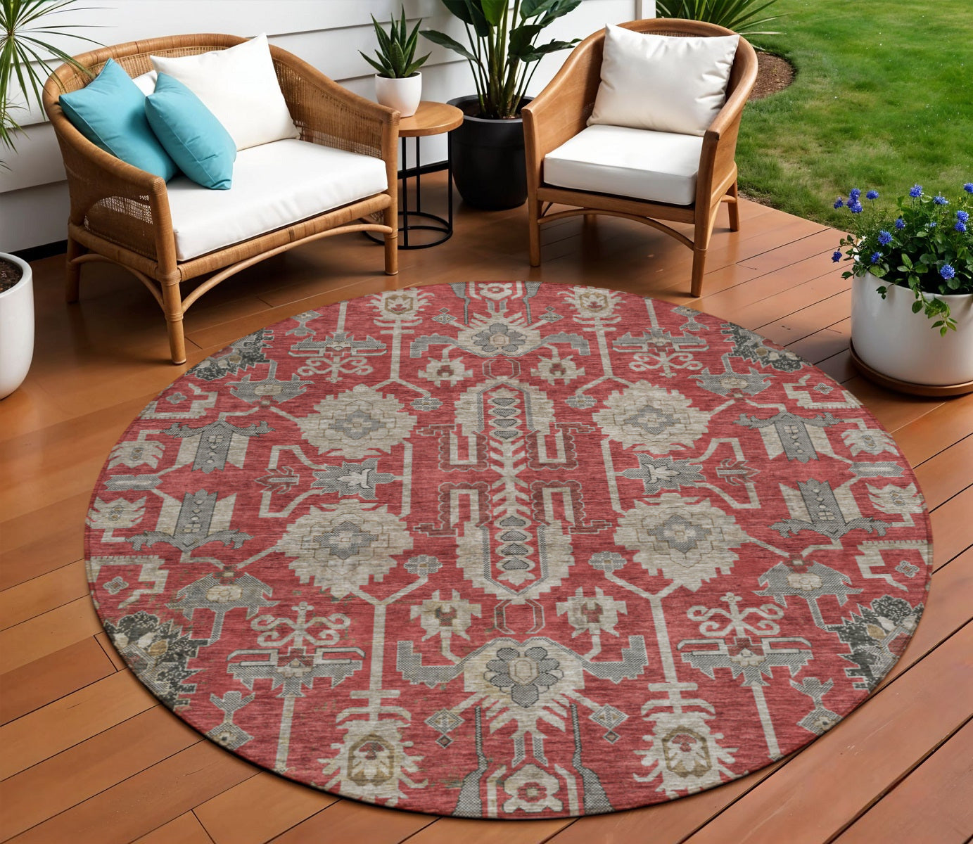 8' Red Beige And Charcoal Round Oriental Washable Indoor Outdoor Area Rug