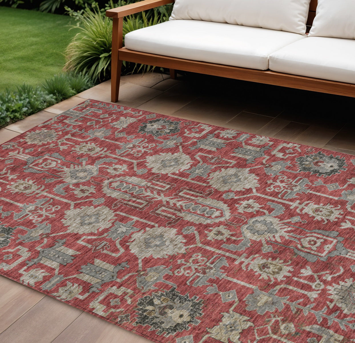 9' X 12' Red Beige And Charcoal Oriental Washable Indoor Outdoor Area Rug