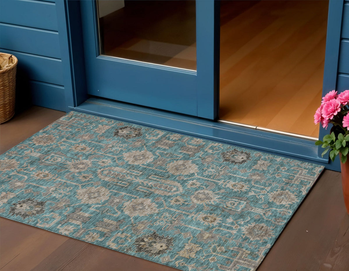 3' X 5' Teal Blue Aqua And Beige Oriental Washable Indoor Outdoor Area Rug