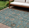9' X 12' Teal Blue Aqua And Beige Oriental Washable Indoor Outdoor Area Rug