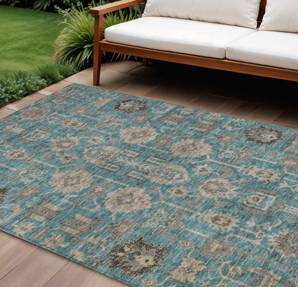 9' X 12' Teal Blue Aqua And Beige Oriental Washable Indoor Outdoor Area Rug