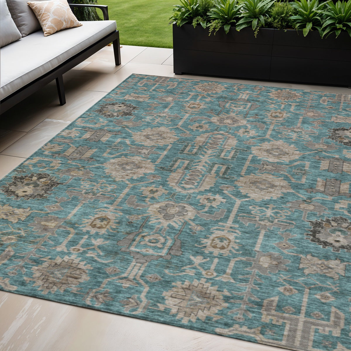 10' X 14' Teal Blue Aqua And Beige Oriental Washable Indoor Outdoor Area Rug