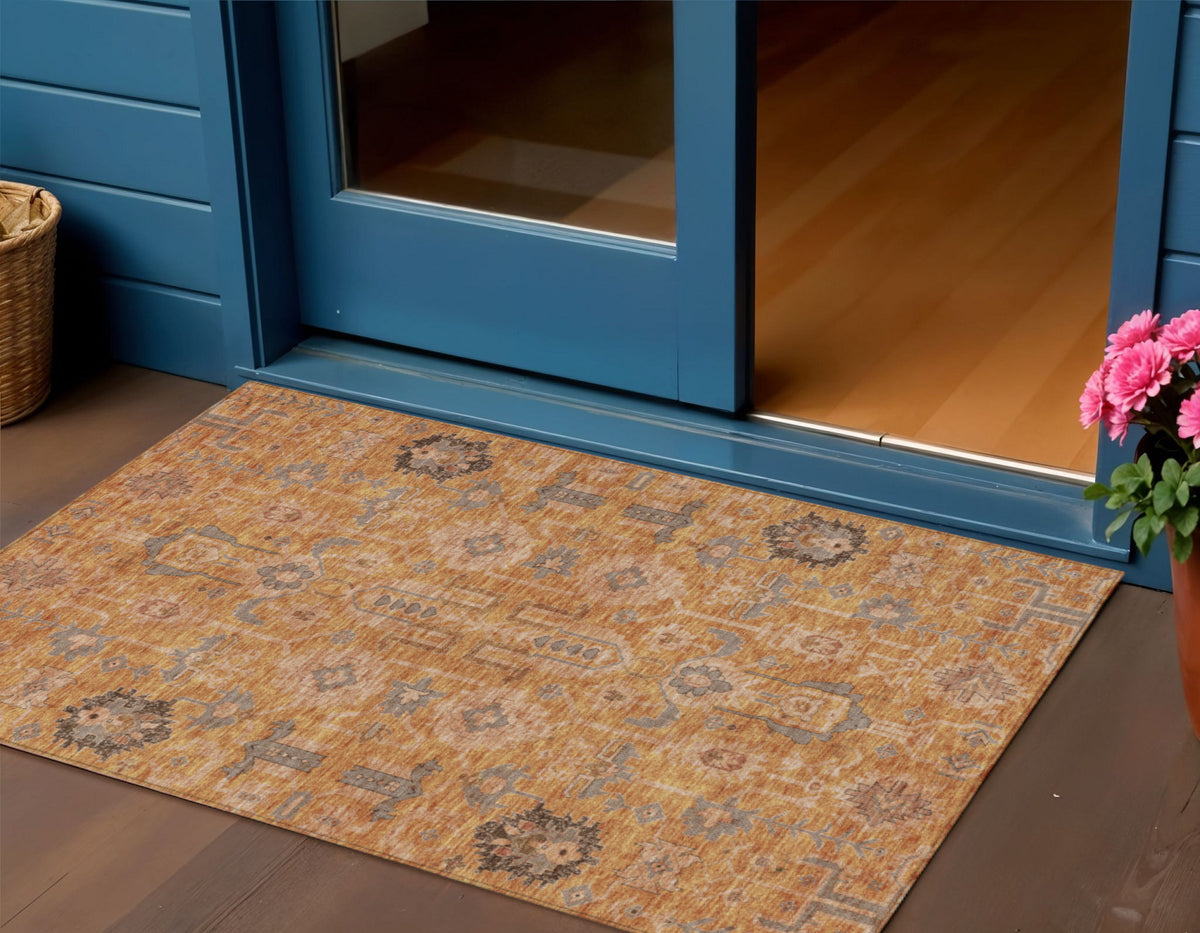 3' X 5' Terra Cotta Beige And Gray Oriental Washable Indoor Outdoor Area Rug