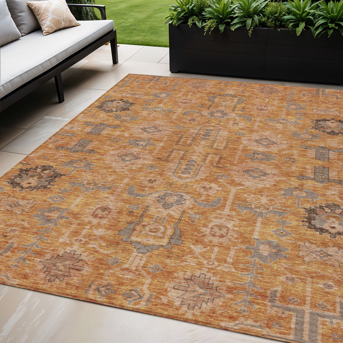 5' X 8' Terra Cotta Beige And Gray Oriental Washable Indoor Outdoor Area Rug