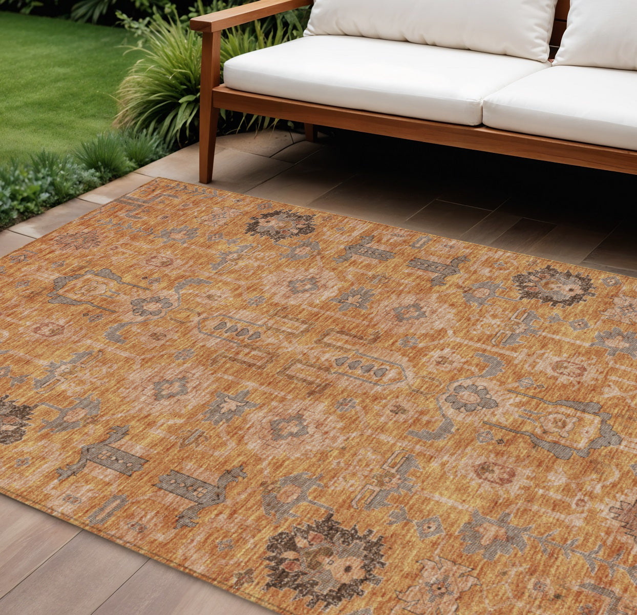 9' X 12' Terra Cotta Beige And Gray Oriental Washable Indoor Outdoor Area Rug
