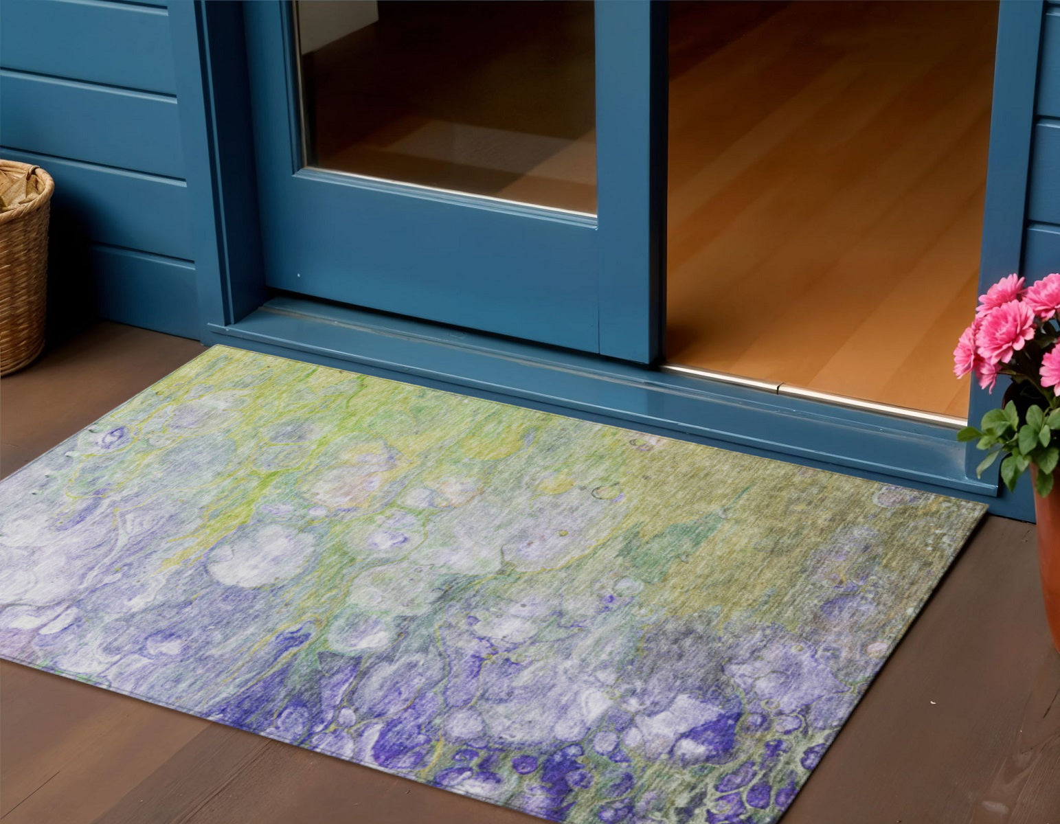 3' X 5' Artichoke Green Purple And Lilac Abstract Washable Indoor Outdoor Area Rug