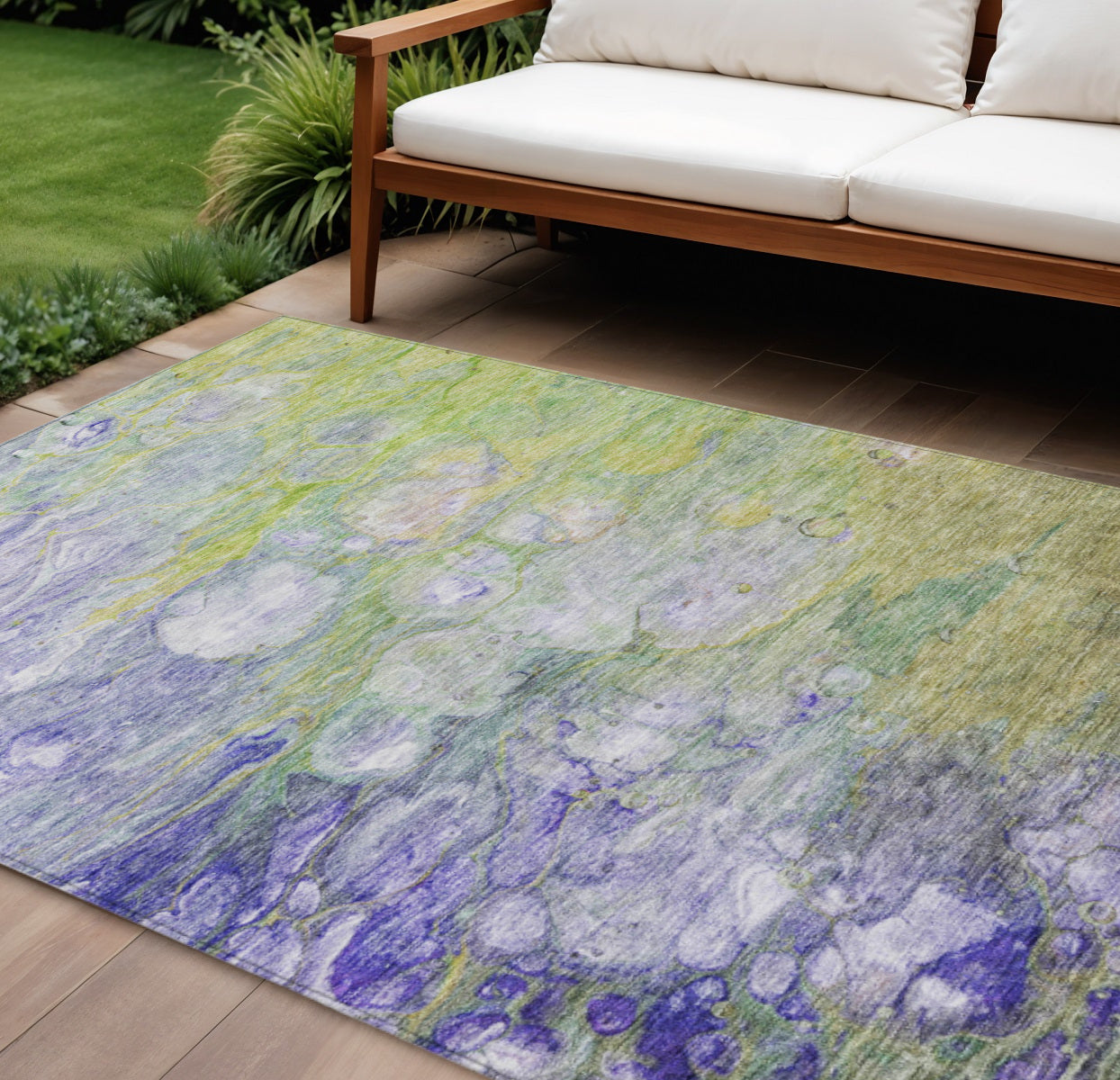 10' X 14' Artichoke Green Purple And Lilac Abstract Washable Indoor Outdoor Area Rug