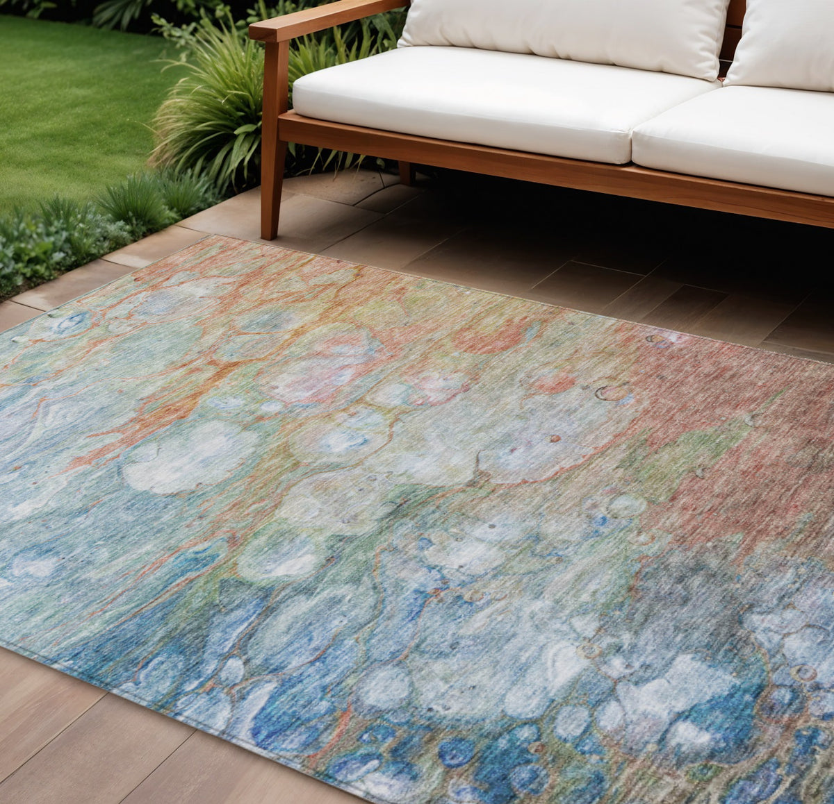 9' X 12' Copper Blue And Artichoke Green Abstract Washable Indoor Outdoor Area Rug
