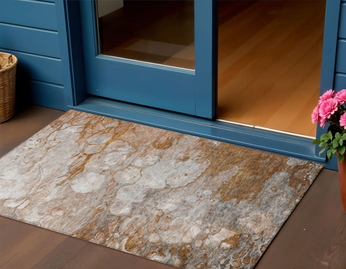 3' X 5' Terra Cotta Gray And Silver Abstract Washable Indoor Outdoor Area Rug