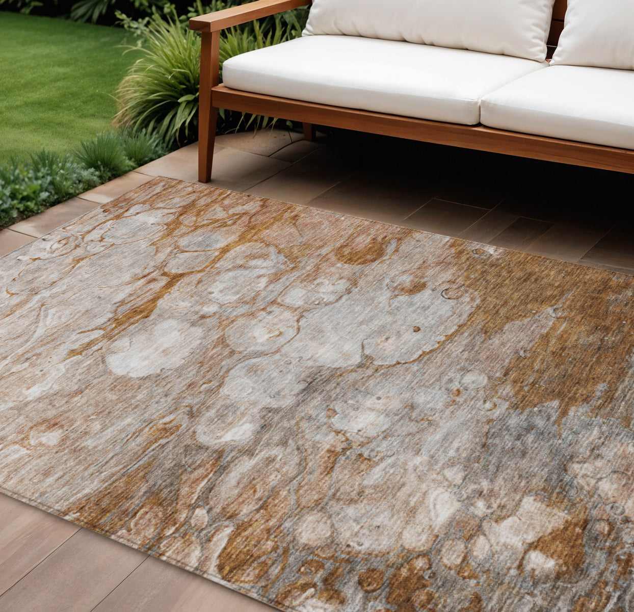 10' X 14' Terra Cotta Gray And Silver Abstract Washable Indoor Outdoor Area Rug
