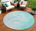 8' Aqua Ivory And Teal Blue Round Abstract Washable Indoor Outdoor Area Rug