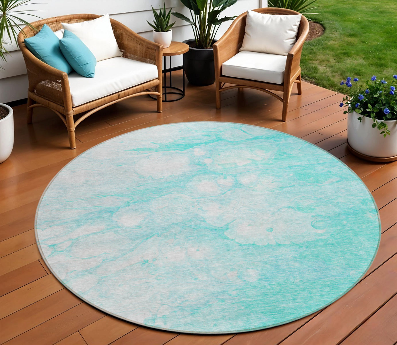 8' Aqua Ivory And Teal Blue Round Abstract Washable Indoor Outdoor Area Rug