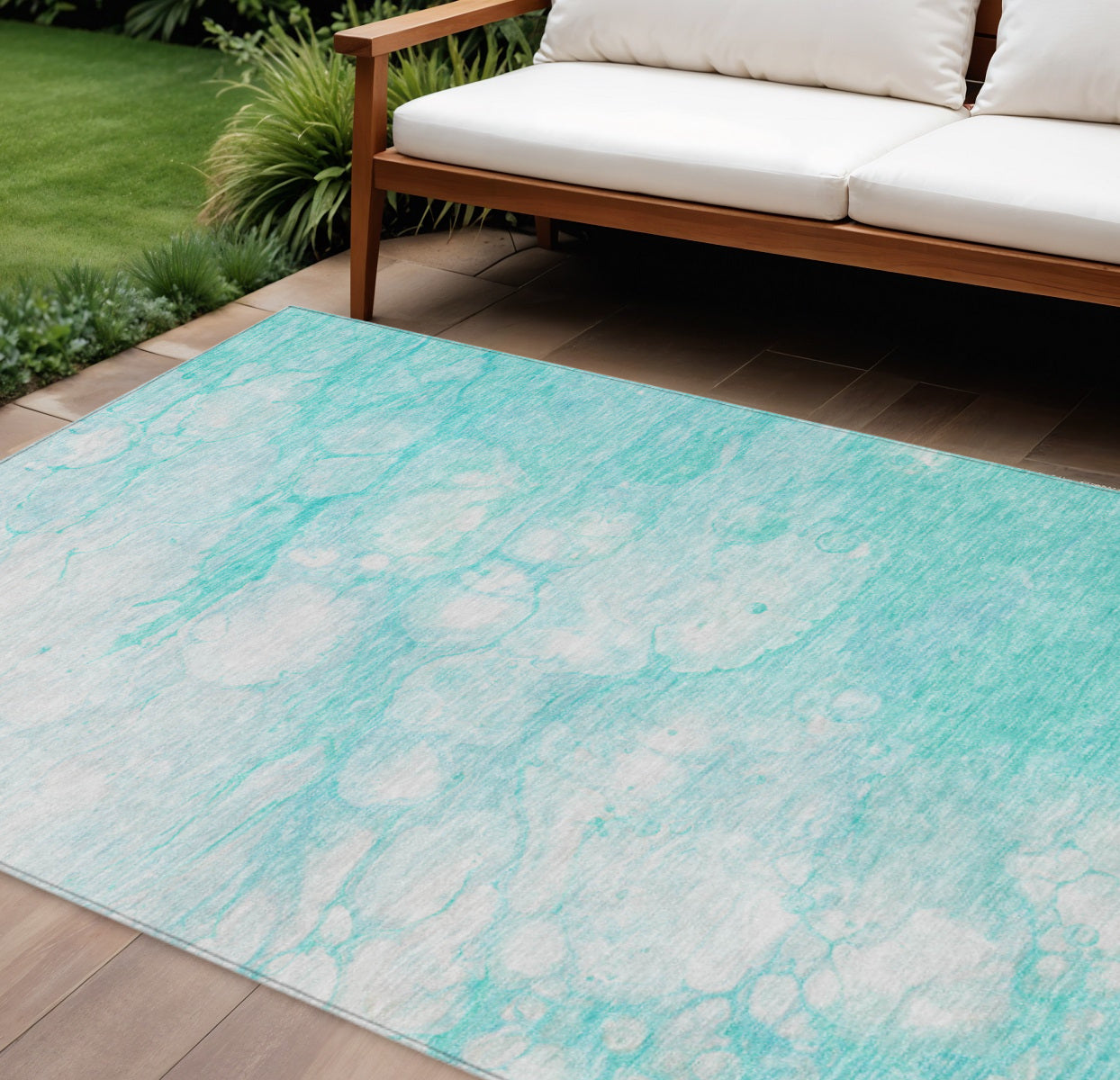 10' X 14' Aqua Ivory And Teal Blue Abstract Washable Indoor Outdoor Area Rug