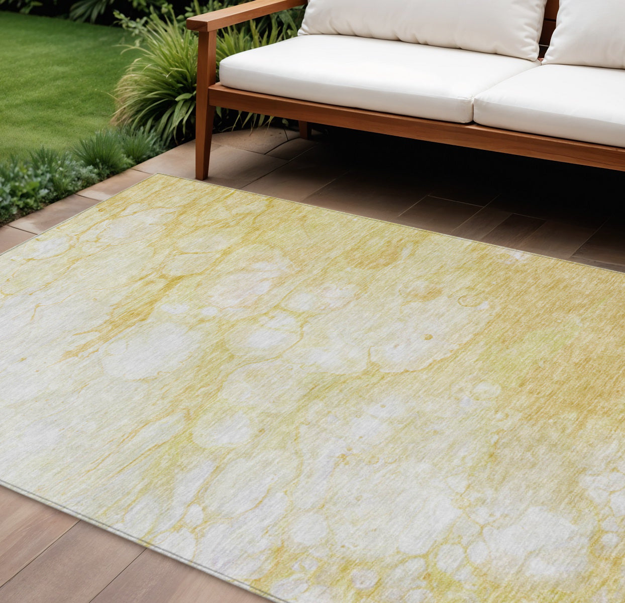 9' X 12' Gold Beige And Ivory Abstract Washable Indoor Outdoor Area Rug