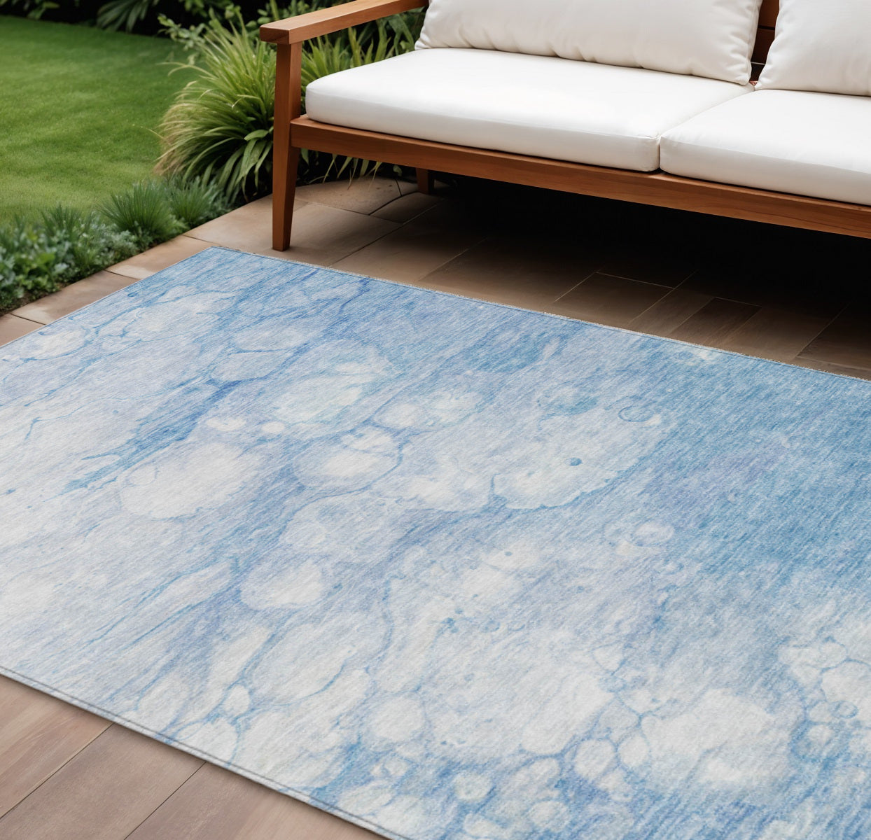 9' X 12' Sky Blue Denim Blue And Silver Abstract Washable Indoor Outdoor Area Rug