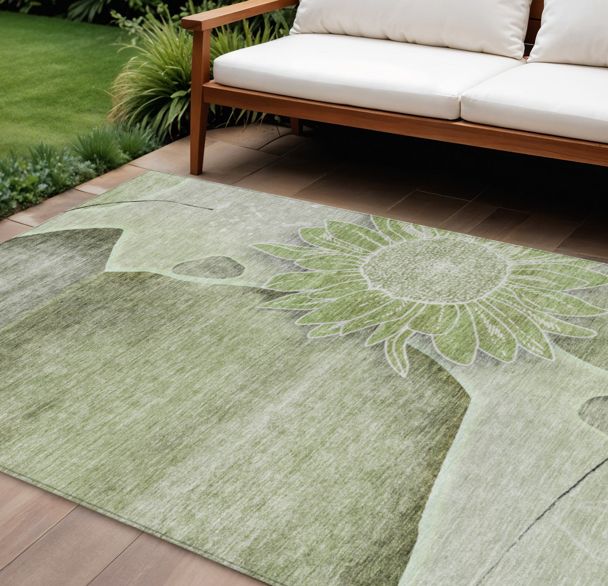 10' X 14' Artichoke Green And Gray Floral Washable Indoor Outdoor Area Rug