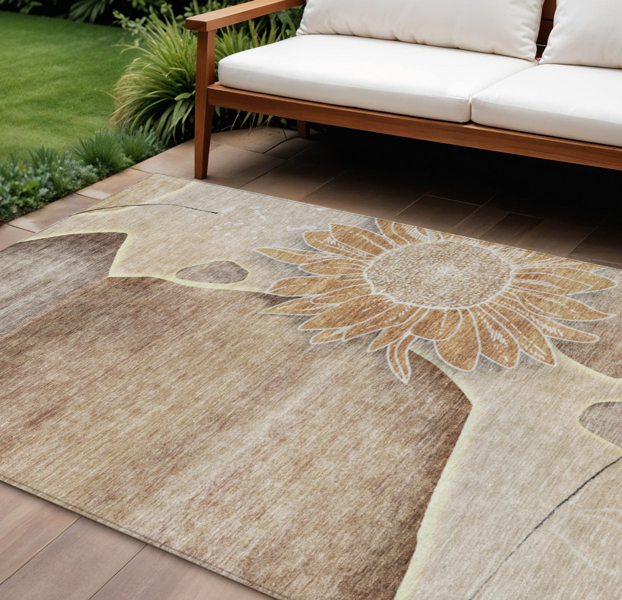 8' X 10' Brown Beige And Taupe Floral Washable Indoor Outdoor Area Rug