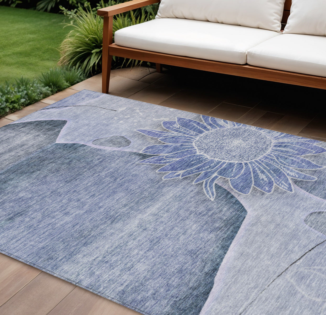 9' X 12' Sky Blue And Indigo Floral Washable Indoor Outdoor Area Rug