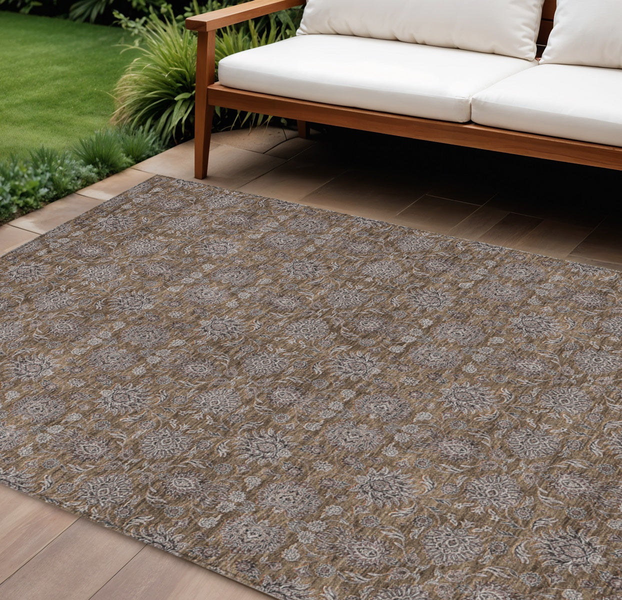 9' X 12' Chocolate And Gray Floral Washable Indoor Outdoor Area Rug