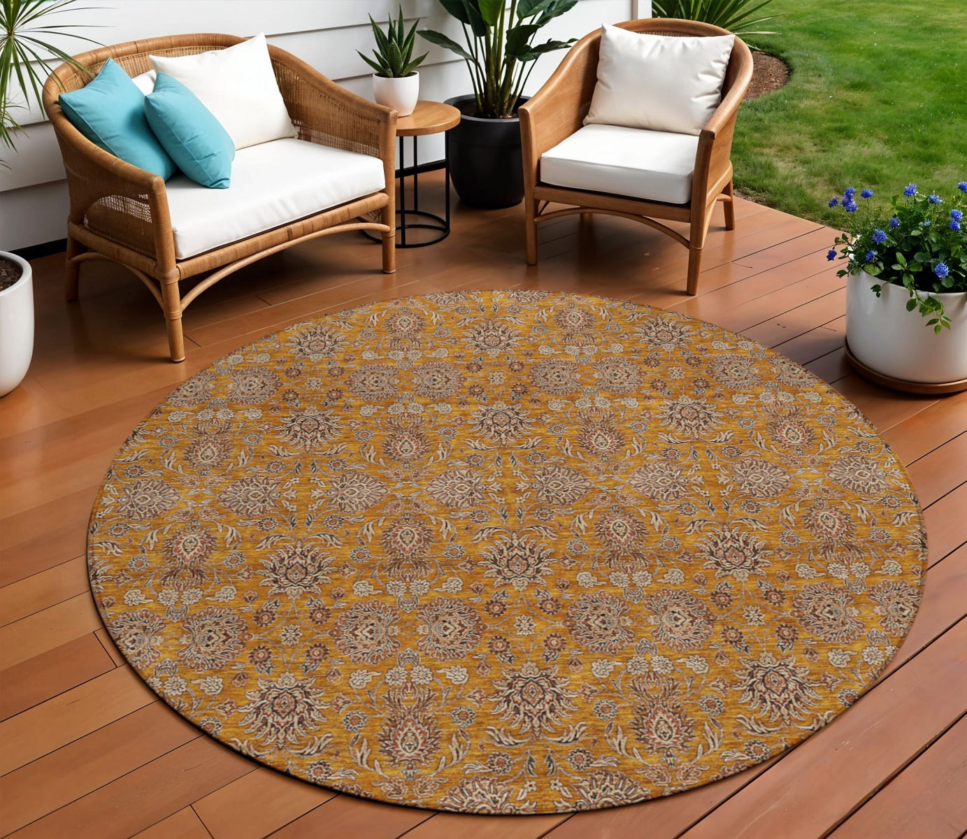 8' Copper Beige And Taupe Round Floral Washable Indoor Outdoor Area Rug
