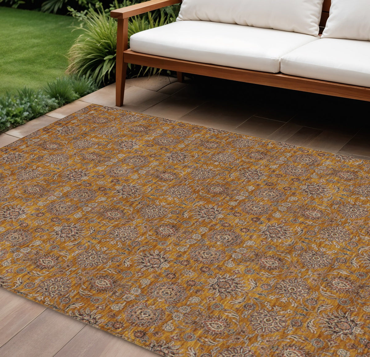 10' X 14' Copper Beige And Taupe Floral Washable Indoor Outdoor Area Rug