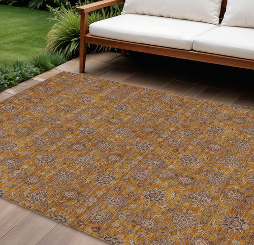 10' X 14' Copper Beige And Taupe Floral Washable Indoor Outdoor Area Rug