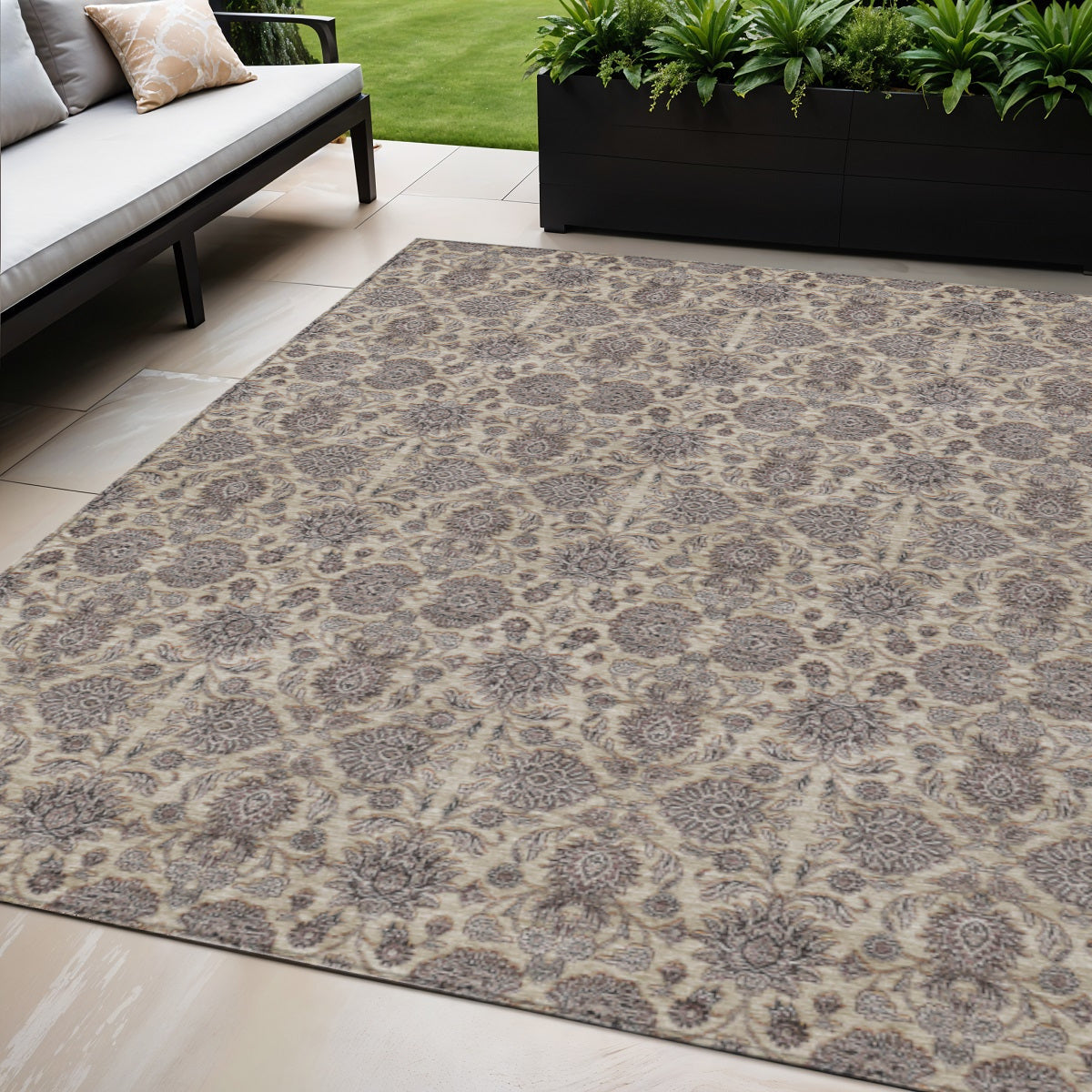 5' X 8' Ivory Taupe And Beige Floral Washable Indoor Outdoor Area Rug