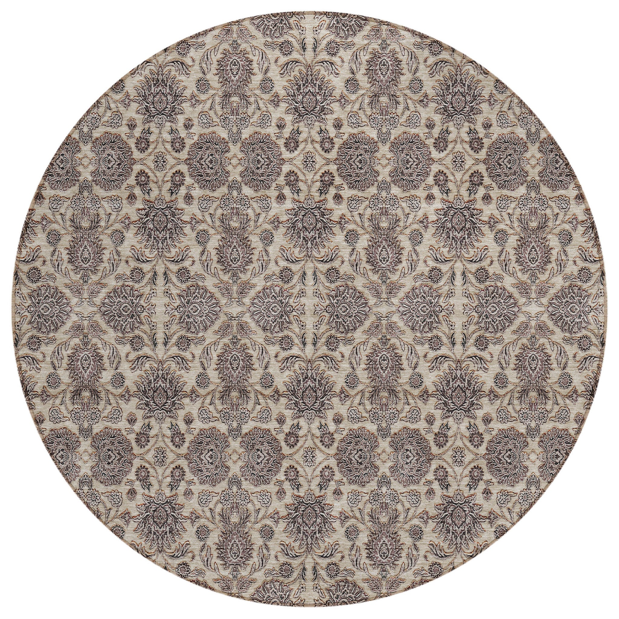 8' Ivory Taupe And Beige Round Floral Washable Indoor Outdoor Area Rug